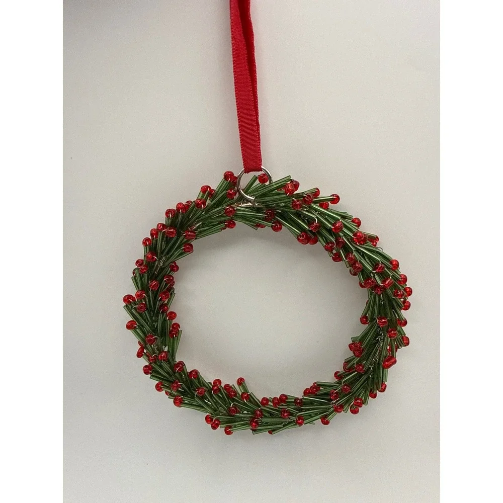 Green and Red Beaded Wreath Christmas Ornament Glass Bugle Beads Holiday Decor
